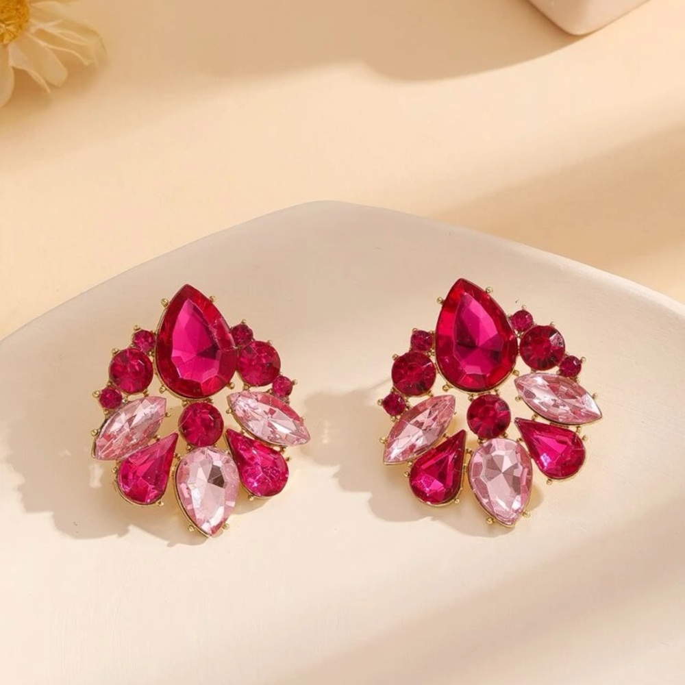 Pink Crystal Cluster Earrings Gold Tone Teardrop Statement - Picture 2 of 13